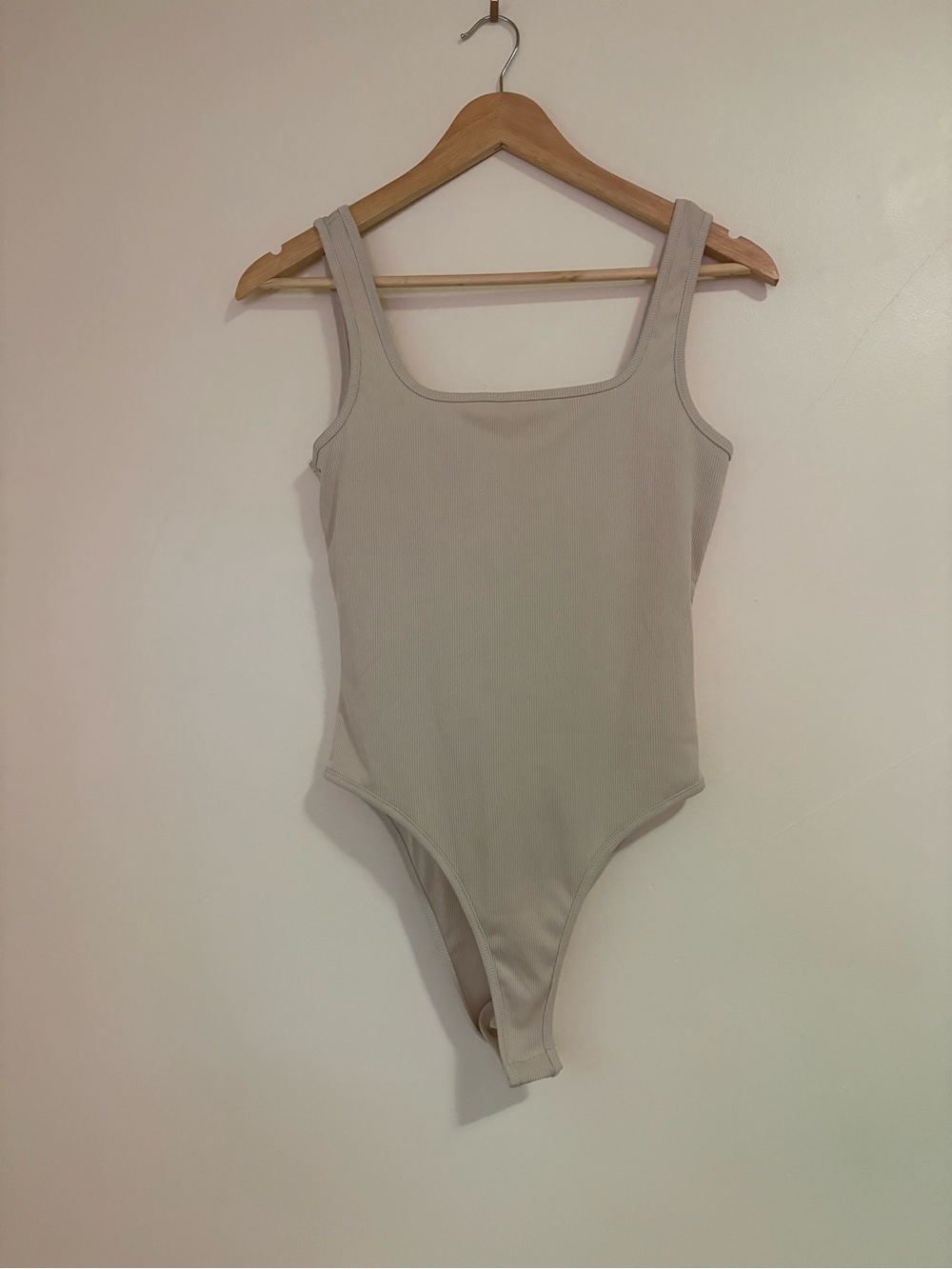 Simple Basic Cream Ribbed One-Piece Bodysuit With Square Neckline - Medium
